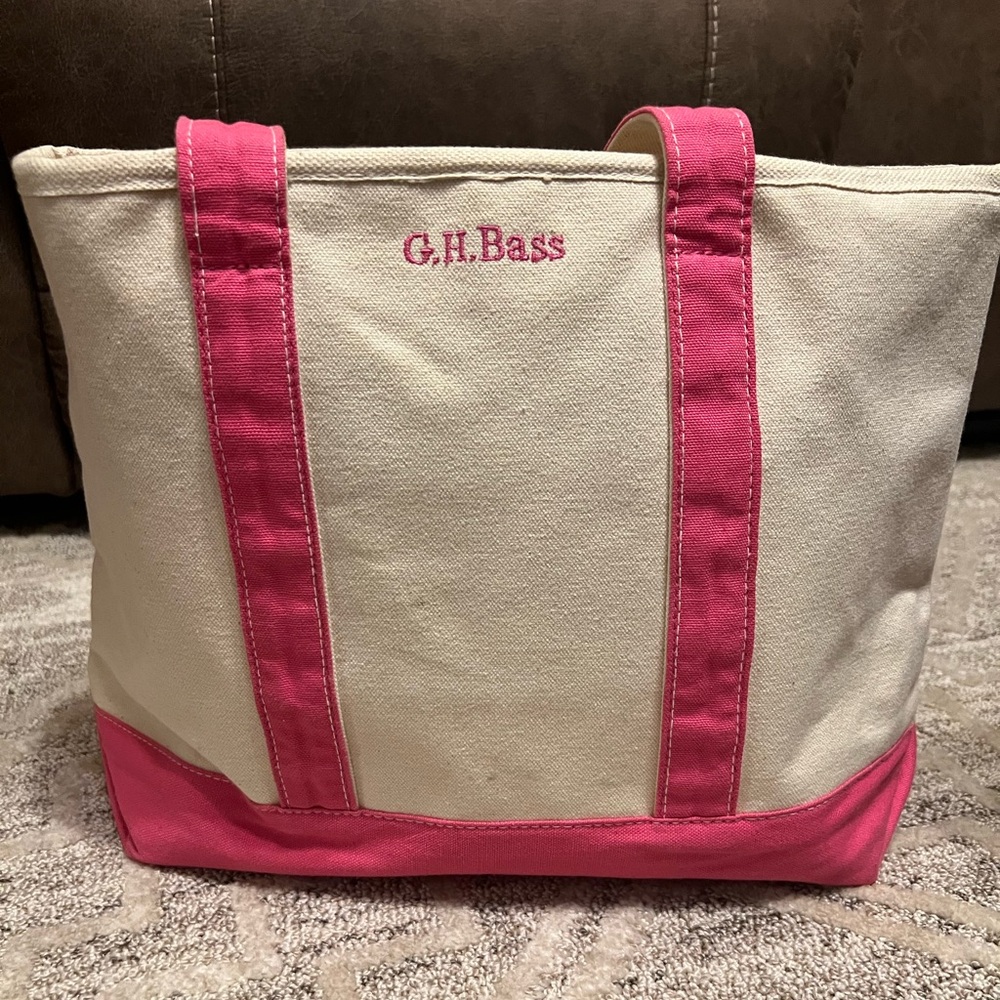 Bass Canvas Bag, 11” tall x 17” wide x 6” D with pink trim